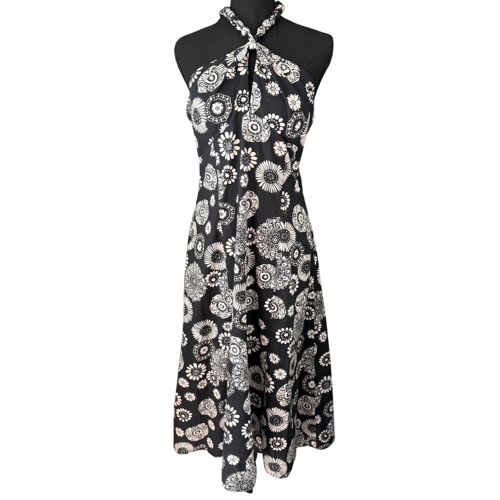 Bethany Black White Floral Halter Dress Size 14 Retro Fit Flare Midi Sundress